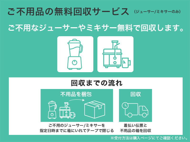 新しいスロージューサーとの<br>入れ替えに<br><br> 【対象商品のお買い上げで】<br>ご不用品を無料で回収(ミキサー/ジューサーのみ)